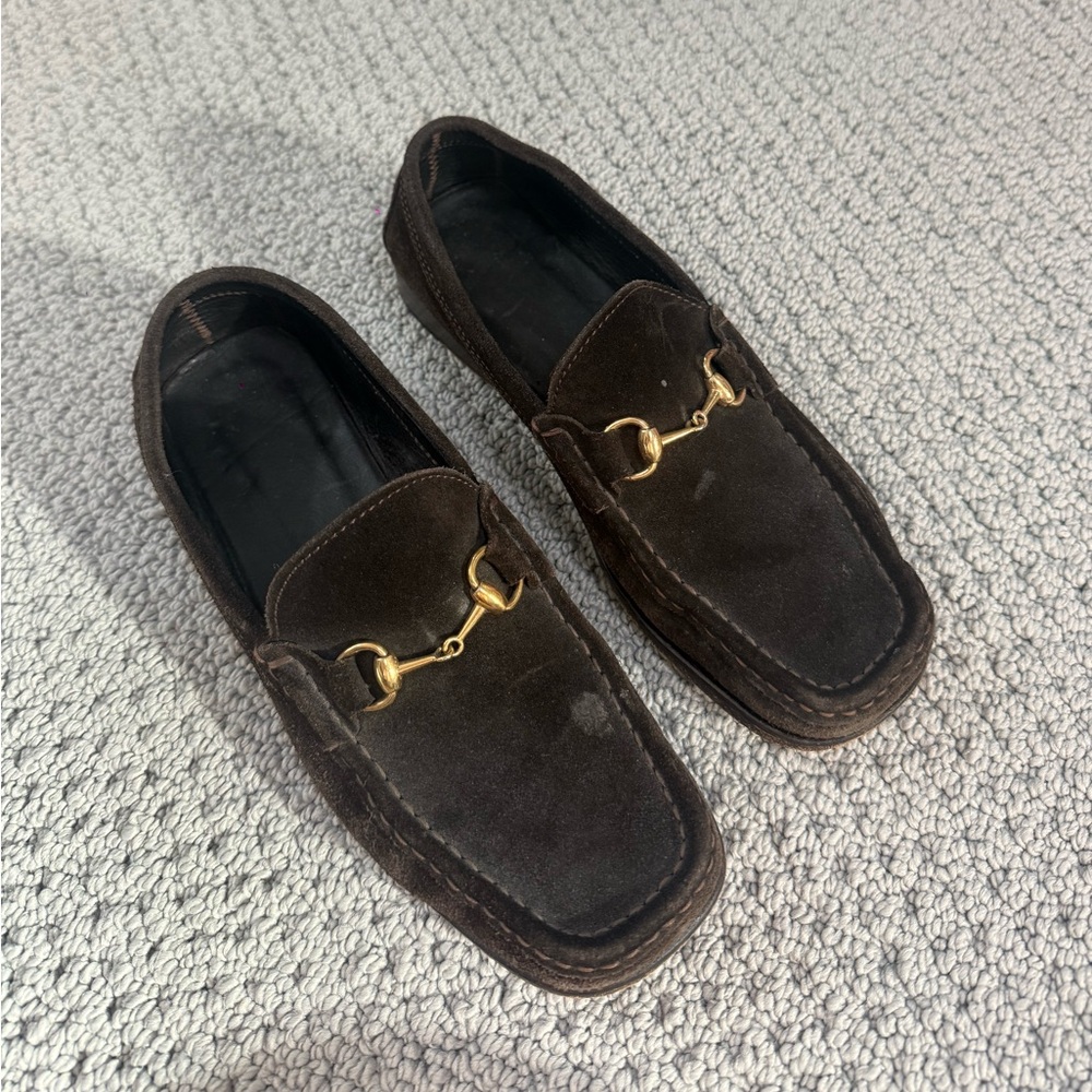 GUCCI Brown Suede Bit Loafers